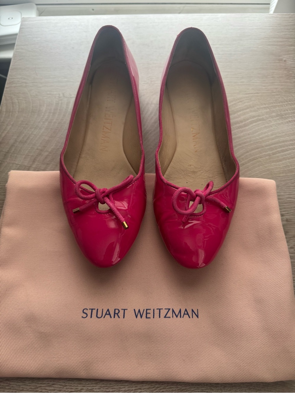 Stuart Weitzman Fuchsia Patent Leather Gabby Ballet Flats with Bow